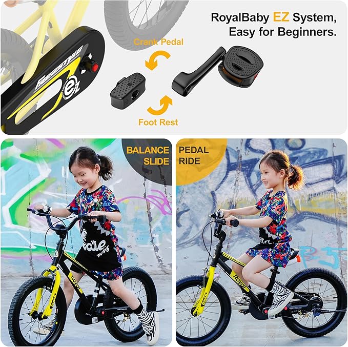 RoyalBaby Kids Bike Freestyle Classic & EZ Balance Pedal Switchable Bicycle, 12 14 16 18 Inch, 3-10 Years Toddler to Big Kids