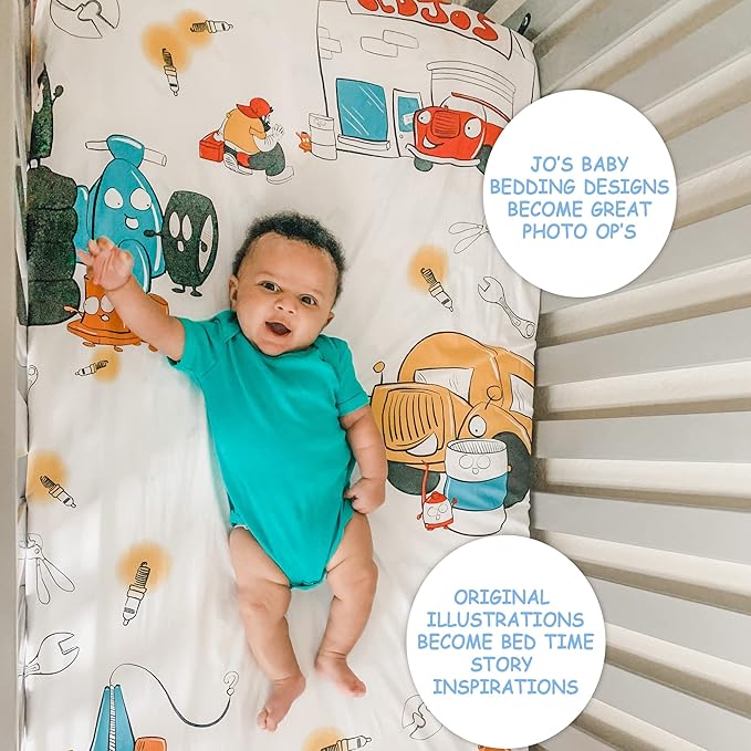 JumpOff Jo - Fitted Crib Sheet, Super Soft 100% Cotton Sheet for Standard Crib Mattresses and Toddler Beds, 28 in. x 52 in., Storytelling Designs - Jo's Garage (White)