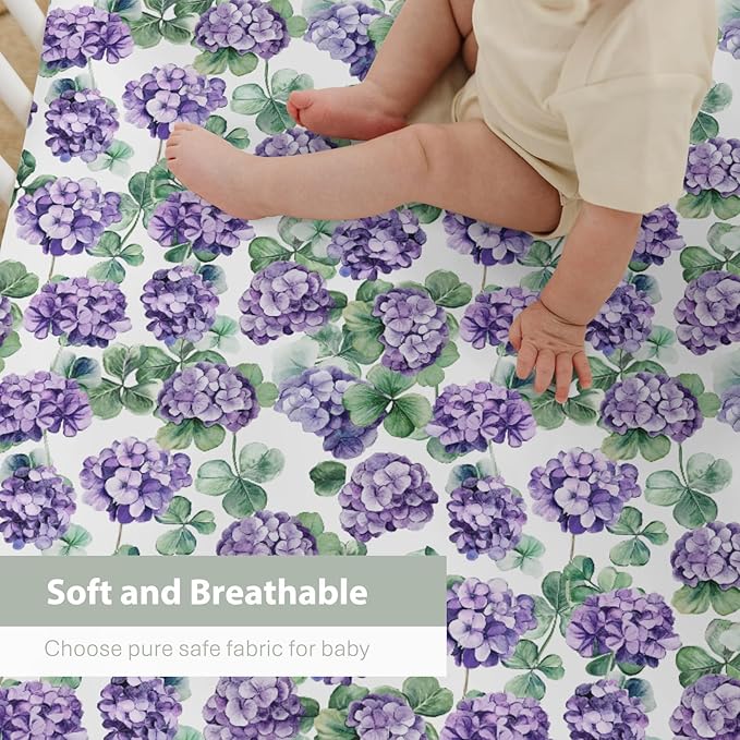 Purple Wildflowers Watercolor Baby Crib Sheets for Boy Girl 28"x52" Retro Hydrangea Floral Leaves Soft Snug Fitted Crib Mattress Cover Spring Garden Baby Sheet for Standard Crib & Toddler Mattress