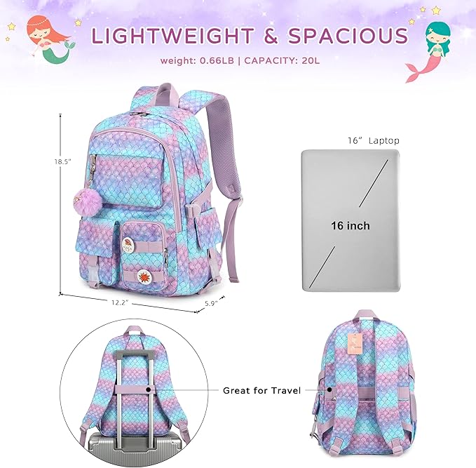 KIDNUO Girls Backpack,15.6 Inch Laptop School Bag Large Primary Elementary Middle College Bookbags Kids Backpacks for Teens Girl Women Students Anti Theft Travel Daypack (Purple)