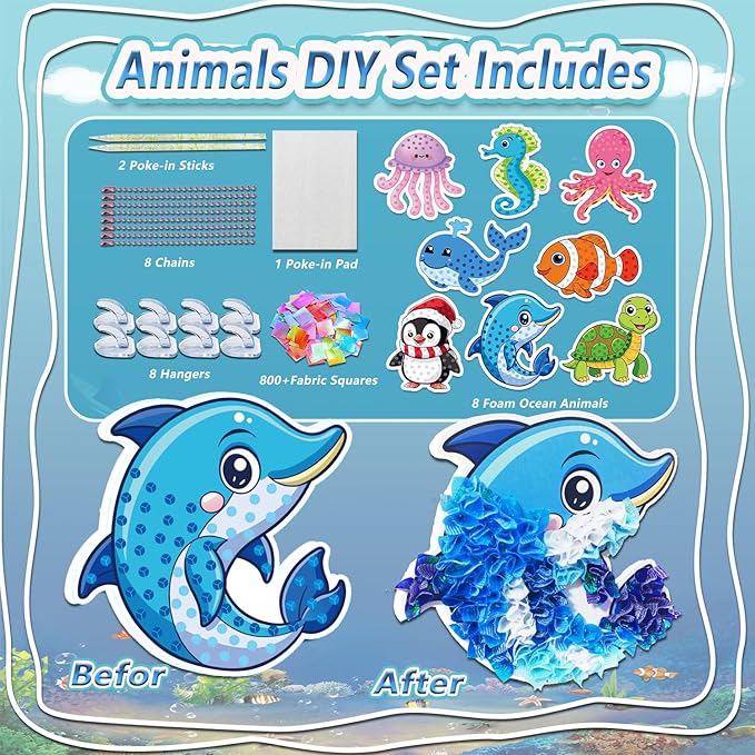 JRD&BS WINL Magical Ocean Animal Poke Art - Dolphin, Jellyfish, Seahorse, Turtle, Octopus, No-Mess Craft Kit for Kids 4-9,Marine Biology Learning Toy, Creative Gift for Preschoolers