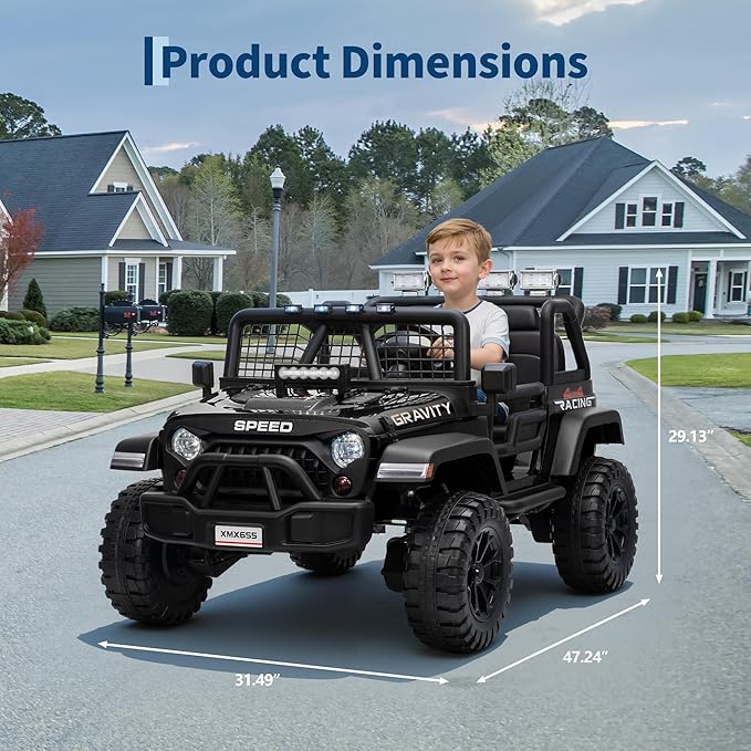 24V 2-Seater Kids Electric Truck with Parent Remote Control, 100Min Ride-on Car, 4WD Dual Motor, 2 Speeds, Spring Shock Absorber, LED Headlights, Siblings Gift Kids Electric Vehicle, Black