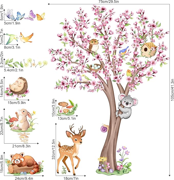 Cherry Blossom Tree Animals Wall Decals Pink Flower Tree Wall Stickers Peel and Stick Deer Squirrel Small Animals Decor for Girls Bedroom Living Room Nursery Playroom Classroom Decor