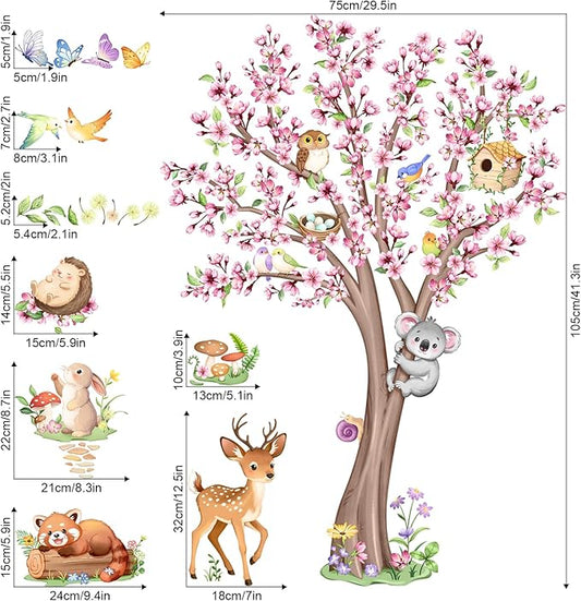 Cherry Blossom Tree Animals Wall Decals Pink Flower Tree Wall Stickers Peel and Stick Deer Squirrel Small Animals Decor for Girls Bedroom Living Room Nursery Playroom Classroom Decor