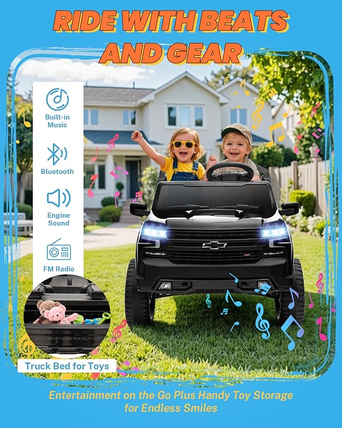 ENYOPRO 24V Ride on Toys for Big Kids, Licensed Chevy Silverado LT Trail Boss 2 Seater Ride on Car for Kids, Toddler Electric Car w/Remote Control, Safety Belt, Truck Bed, LED Lights, Bluetooth, Black