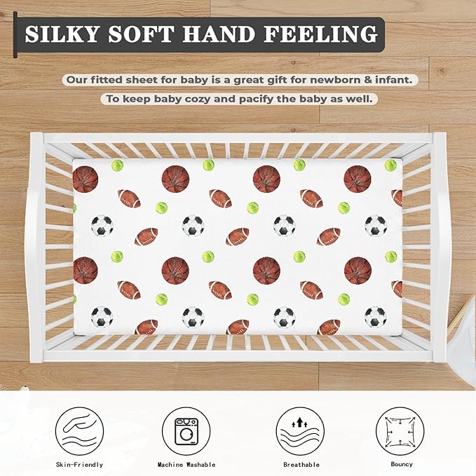 Sports Theme Fitted Crib Sheet for Boys Girls Soccer Balls Football Baseball Basketball Baby Sheet for Standard Crib and Toddler Nursery Bed Mattress Sheets 28"x52"