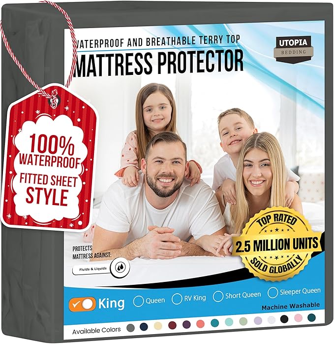 Utopia Bedding Waterproof Mattress Protector King Size, Premium 200 GSM Terry Mattress Cover, Soft & Breathable Bed Cover, Fitted Sheet Style with Stretchable Deep Pockets 17" (Gray)