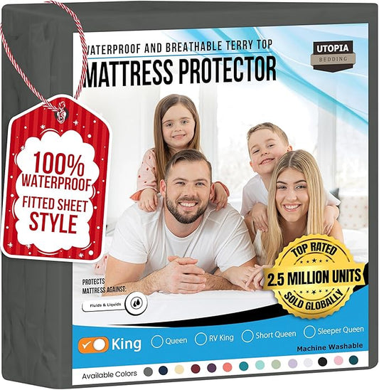 Utopia Bedding Waterproof Mattress Protector King Size, Premium 200 GSM Terry Mattress Cover, Soft & Breathable Bed Cover, Fitted Sheet Style with Stretchable Deep Pockets 17" (Gray)