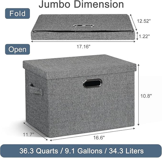 Graciadeco Large 17" 36 Quart Collapsible Stackable Storage Bins with Lids, 3 Packs Black and White Mix Linen Fabric Closet Boxes with Lids, Storage Cube Baskets Container Organizers (17x12x11)