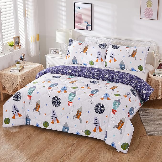 Brandream Kids Space Bedding Set Boy Girl Cotton Comforter Set Space Rocket Galaxy Bedroom 3-Piece Full Size
