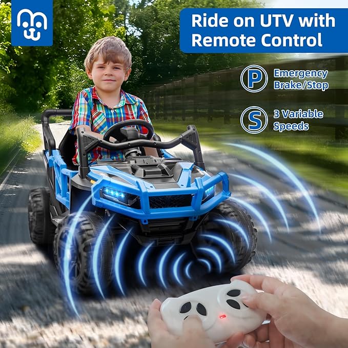 24V Kids Ride on Truck Car Remote Control, Twin 55W Motors 4MPH Max Speed Off-Road UTV, Bluetooth Music, Suspension System Safety Belt, Electric Vehicles Gift for Boys & Girls-Blue