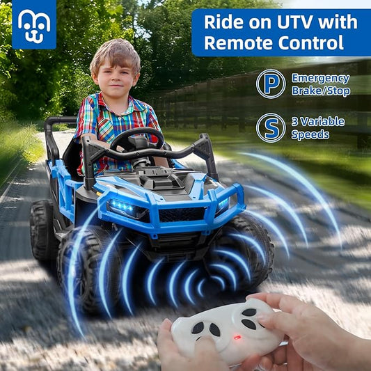 24V Kids Ride on Truck Car Remote Control, Twin 55W Motors 4MPH Max Speed Off-Road UTV, Bluetooth Music, Suspension System Safety Belt, Electric Vehicles Gift for Boys & Girls-Blue