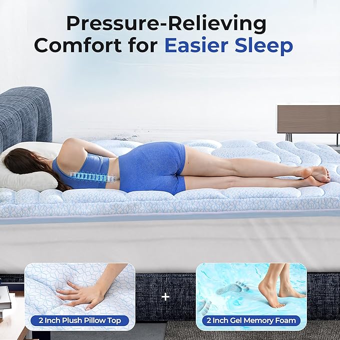 Dual Layer 4 Inch Cooling Memory Foam Mattress Topper King Size, 2 Inch Thick Soft Quilted Ice Silk Pillow Top Cover Plus 2 Inch Gel Memory Foam Mattress Pad for Back Pain Relief