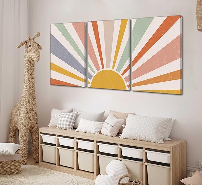 3 Pieces Nursery Boho Canvas Wall Art Rainbow Sun Rising on the Horizon Geometric Nature Illustration Line Pictures Wall Decor Posters Prints for Toddler Kids Room Home Decoration