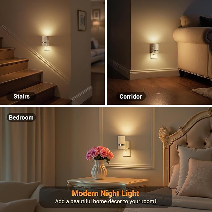 JandCase Night Lights Plug into Wall, Automatic Night Light with Dusk to Dawn, 2 Pack 3000K Soft Warm 0-100LM Dimmable Plug in LED Nightlight for Bedroom, Hallway, Stairs
