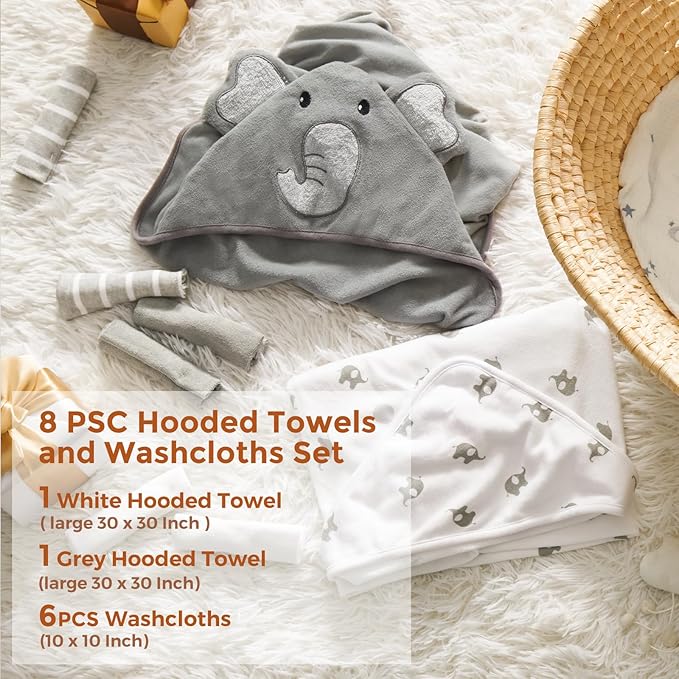 Momcozy Cute Elephant Hooded Baby Towel- 8 Piece Bath Essential, 2 x Towels and 6 x Wash Cloth Set- Perfect Shower Gift for Boys or Girls - Soft and Comfort for Newborn, Infant and Toddler