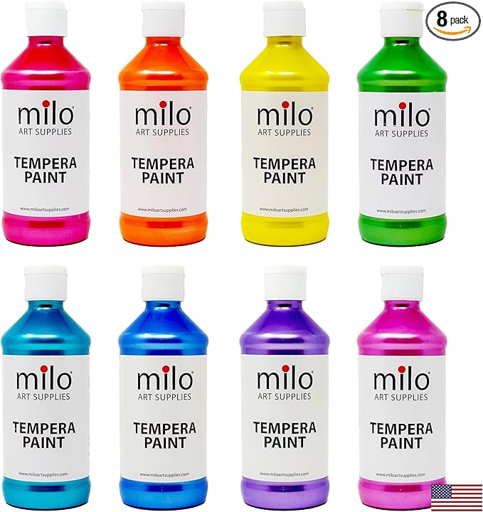 milo Washable Paint | Sparkle Pearlescent Tempera | Set of 8 Colors 8 oz Bottles | Made in the USA | Washable and Non-Toxic Glitter Arts & Crafts Poster Paints for Classroom, School, Project