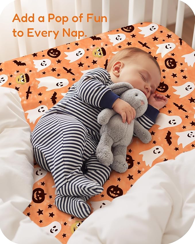 Halloween Pack and Play Sheets Fitted, Mini Crib Sheets 2-Pack for Pack N Play Mattress, Frankenstein, Pumpkin, Ghost