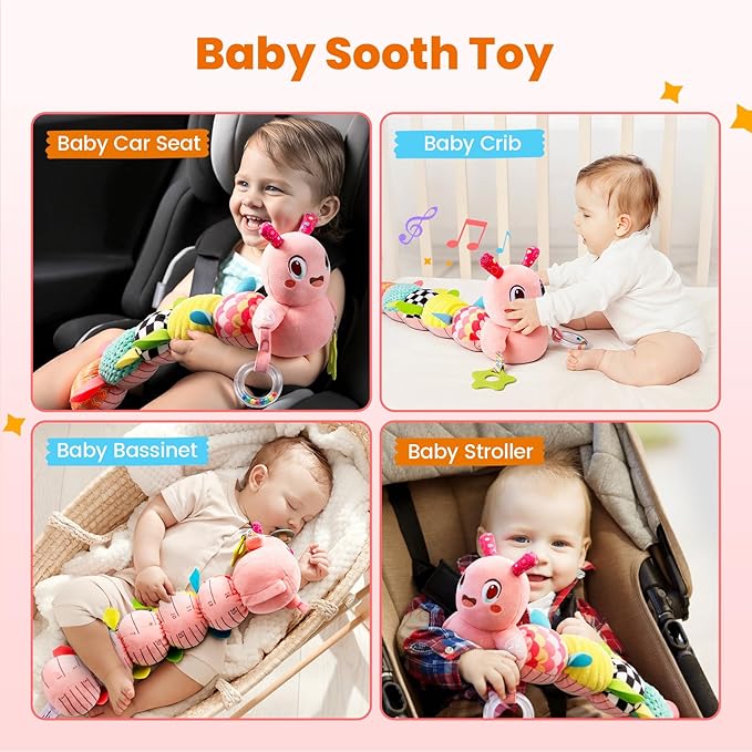 Baby Toys 0-6 Months, Washable Baby Musical Caterpillar Toys with 10 Kid's Songs,Rattles,BabyTeething Toys,Suitable for 0-6, 6-12 Months Infant Tummy Time Toy,Newborn Baby Boy&Gril Gifts(Pink)