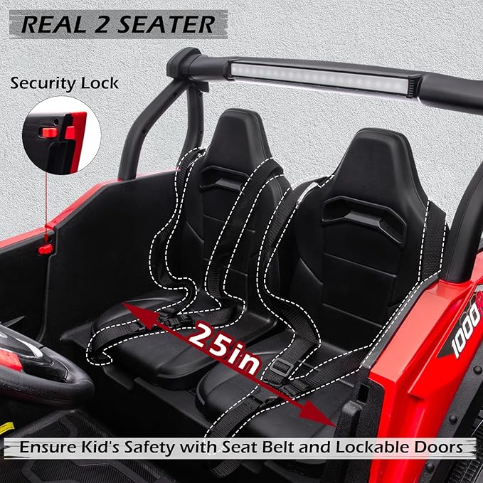 MOLACHI 24V 2 Seater Kids Ride on UTV Car,4WD Battery Powered Electric Vehicle for Kid,Ride On Truck with Remote Control,Safety Belts,3 Speeds,Bluetooth (Red)