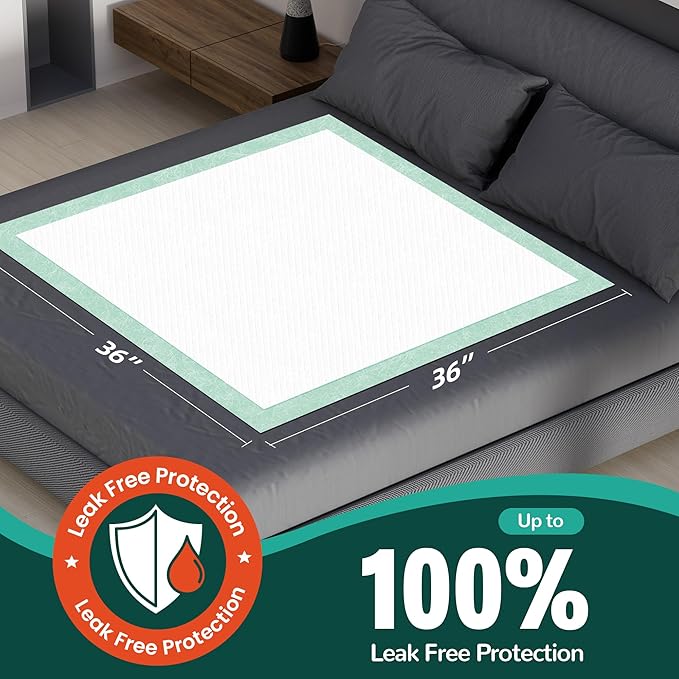 100 Count Disposable Bed Pads , 36x36 Inch Extra Large Incontinence Underpads | Heavy Absorbency 115 Grams Pee Pads for Adult, Senior, Baby & Pet Care (No Adhesive)