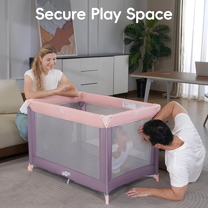 Pamo Babe Pack and Play with Bassinet, Pink Portable Playard for Baby