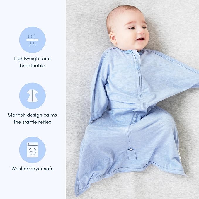 SleepingBaby Zipadee-Zip Transition Swaddle - Cozy Baby Swaddling Blanket with Zipper Convenience - Roomy Wearable Blanket for Easy Diaper Changes - 4-8 Month - Baseline Blue Heather