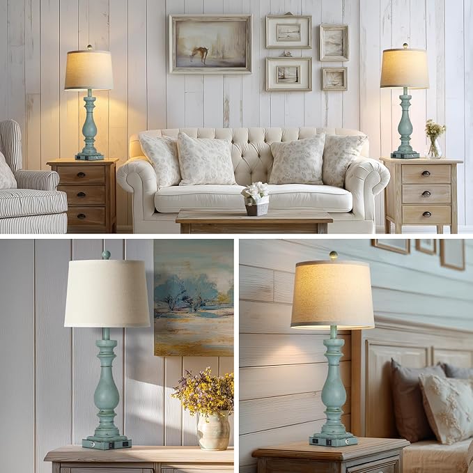 luxeflow 29" Tall Coastal Table Lamps Set of 2,Retro Blue Bedside Lamps with USB C+A Ports & AC Outlet,3-Way Dimmable Touch Lamp for Night Stands Living Room Bedroom,Blue