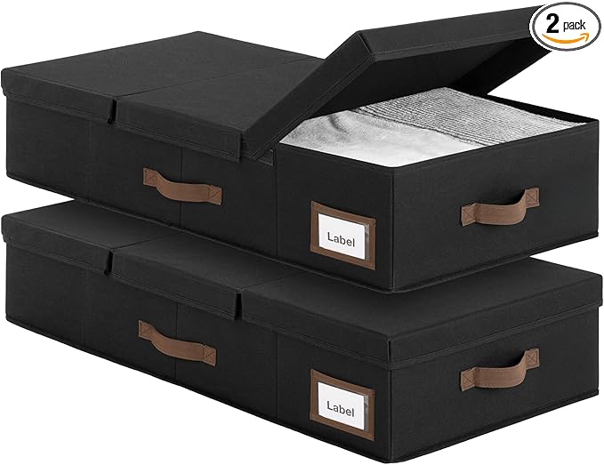 GRANNY SAYS 2 Pack Under Bed Storage, Underbed Organizer with Flid-Top Lid for Bedroom, Black Clothing Storage Bins for Blankets, Clothes, Shoes