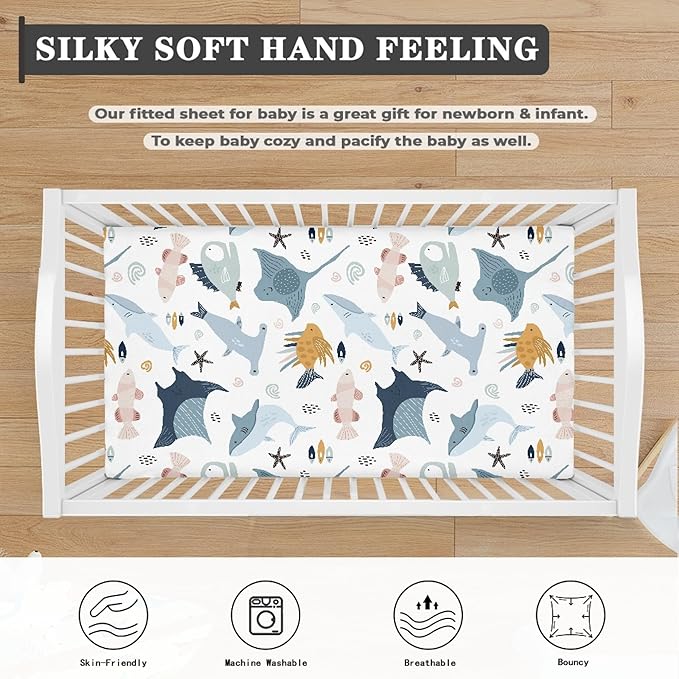 Colorful Fishes Fitted Crib Sheet Ocean Animals Baby Crib Sheet Fit Standard Crib and Toddler Mattress,Crib Mattress Sheets for Boys Girls 28"x52"