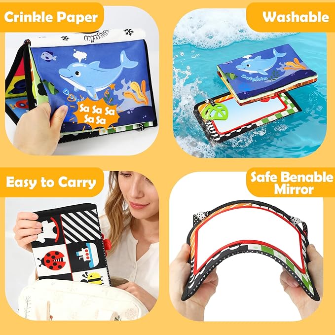 Tummy Time Toy - Black and White High Contrast Baby Toys for Newborn - Baby Visual Stimulation Mirror - Montessori Sensory Crinkle Toy for Infant 0-3-6-12 Months - Boy Girl Gift