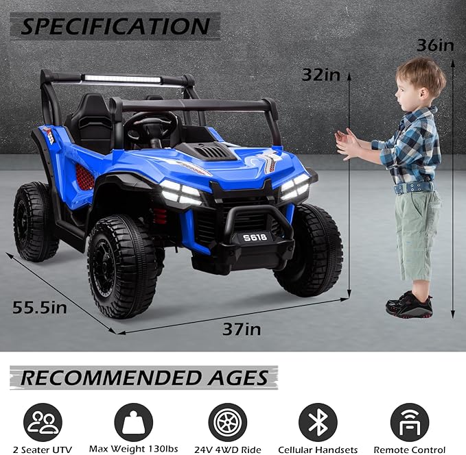 MOLACHI 24V 2 Seater Kids Ride on UTV Car,4WD Battery Powered Electric Vehicle for Kid,Ride On Truck with Remote Control,Safety Belts,3 Speeds (Blue)