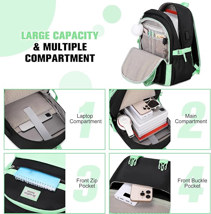 Bevalsa Backpack for Girls, School Backpacks for Girls, Kids Backpack with Lunch Box & Pencil Pouch for Teens Girl Kids Elementary Middle High School College Student Bookbag Daypack (Green Black)