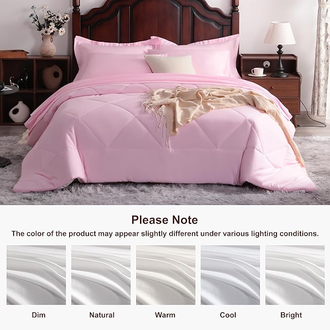 NTBAY Queen Comforter Set with Sheets, 7 Pieces Soft and Breathable Queen Bedding Set, Bed in a Bag, Down Alternative Comforter Set Solid Color All Season, Queen Bedding Set, Pink