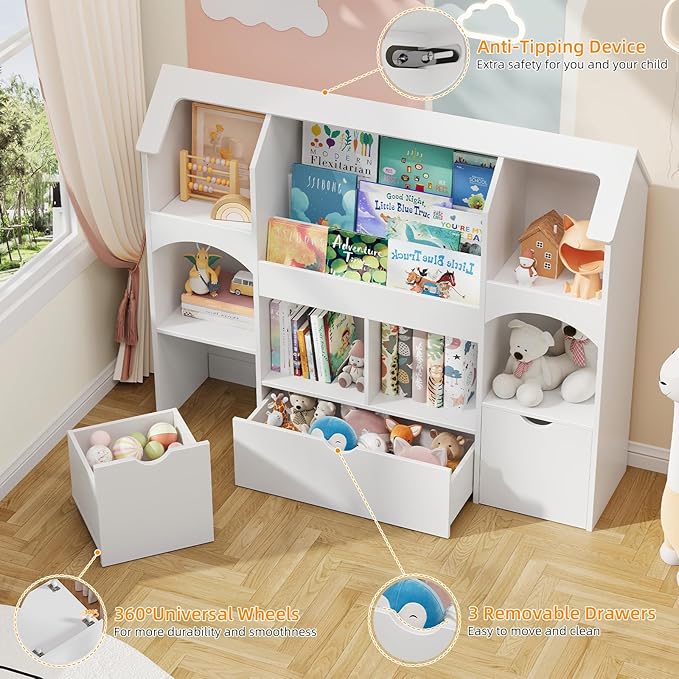 Halitaa Kids Bookshelf with Toy Storage, Castle-Shaped Bookshelf with 3 Movable Drawers and LED Lights, Toy Storage Organizer with 3-Tier Book Rack for Kids Room, Playroom, Nursery