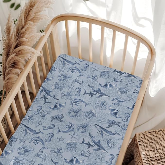 Retro Marine Animals Baby Crib Sheets Boy Girl 28"x52" Whale Dolphin Jellyfish Sea Horse Turtle Coral Soft Snug Fitted Crib Mattress Cover Ocean Animal Baby Sheet for Standard Crib & Toddler Mattress