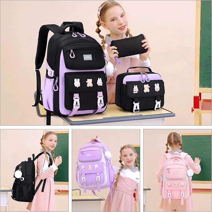 DIGOBAY 3PCS Girls Backpack for School, Kids Backpack for Girls with Lunch Box Pencil Case Set for Teen Girl Elementary Primary Middle High College School Bookbag with Cute Pins (Black-Purple)