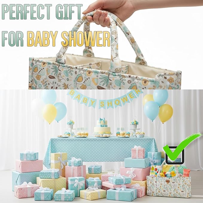 Floral Diaper Caddy Organizer, Caddy For Baby Stuff, Quilted Washable Car Storage for Newborn Toddler, Portable Nursery Storage Organizer for Changing, Waterproof Fabric Shower Basket, Floral Bag