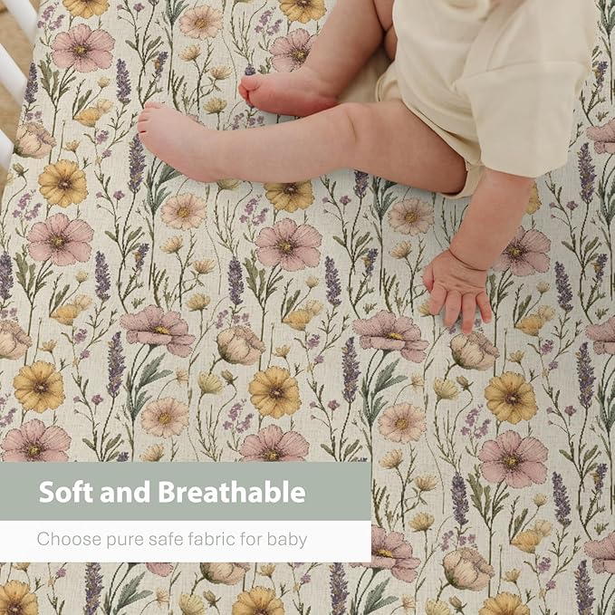 Vintage Floral Baby Crib Sheets for Boy Girl 52"x28" Retro Boho Flowers Soft Stretchy Fitted Crib Mattress Covers Wild Plant Spring Summer Baby Sheet for Standard Crib & Toddler Mattress Pad