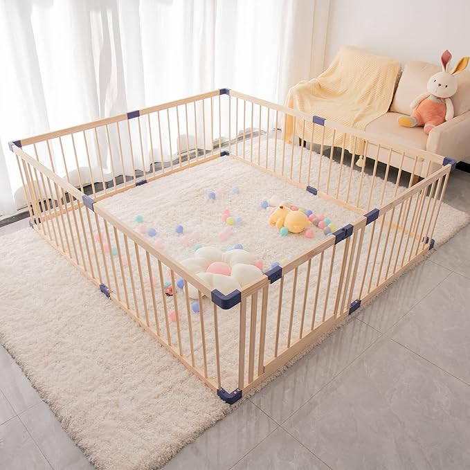 Wooden Baby Playpen Activity Center, Foldable Playpen for Babies and Toddlers, Extra Large Baby Fence Play Area with Safety Gate for Indoor Use, Corrales Para Bebes, 70.90"X 78.80"X 24",8-Panel w/Gate
