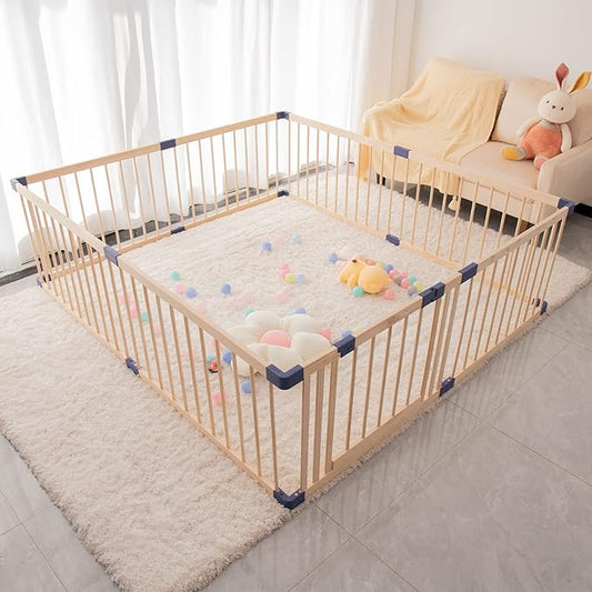 Wooden Baby Playpen Activity Center, Foldable Playpen for Babies and Toddlers, Extra Large Baby Fence Play Area with Safety Gate for Indoor Use, Corrales Para Bebes, 70.90"X 78.80"X 24",8-Panel w/Gate