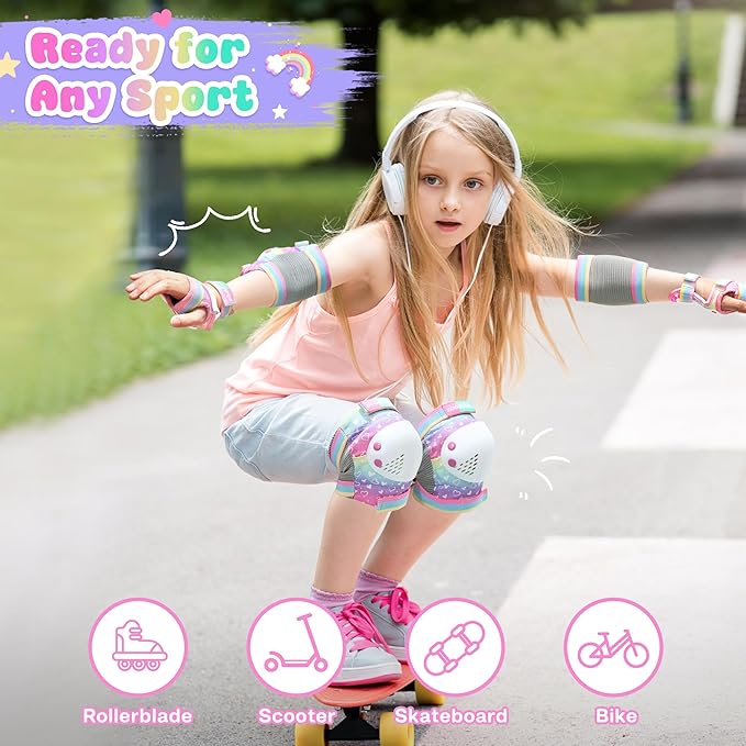 Knee Pads for Kids - ZOOBLISS Toddler Knee and Elbow Pads Set Wrist Guards for Skating Girls Aged 3-12, Kids Protective Gear for Roller Skates Skateboard Bike Scooter, Included Drawstring Bag(Rainbow)