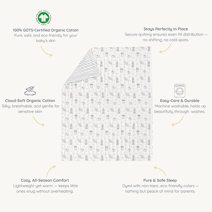 MakeMake Organics Organic Toddler Comforter GOTS Certified Organic Crib Blanket Cotton Infill Tufted Reversible - Ultra Soft Breathable (44"x60", Astronaut + Blue Pebble)