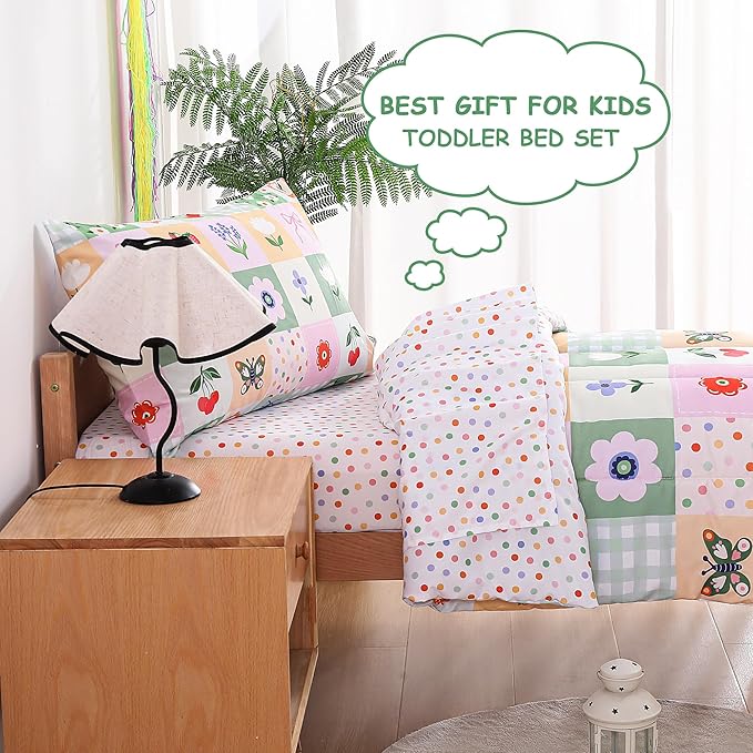 Mooreeke 4 Pieces Toddler Bedding Set - Green Floral Butterfly Toddler Comforter Sets for Girls, Includes Comforter, Flat Sheet, Fitted Sheet and Pillowcase, Bed in A Bag for Baby Bedroom