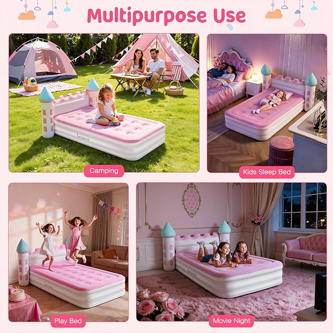 Lewondr Inflatable Kids Bed, Pink Castle Toddler Travel Bed with Electric Air Pump, Kids Blow Up Mattress with Portable Storage Bag, Kids Air Mattress Princess Toddler Bed for Home Camping Sleepovers