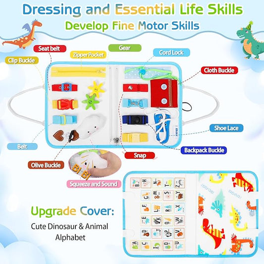 Esjay Toddler Busy Board Montessori Toys for Boys Girls, Sensory Book Educational Activities for Learning Fine Motor Skills, Birthday Gifts for Toddlers, Travel Toys for Airplane Car, White Dinosaur