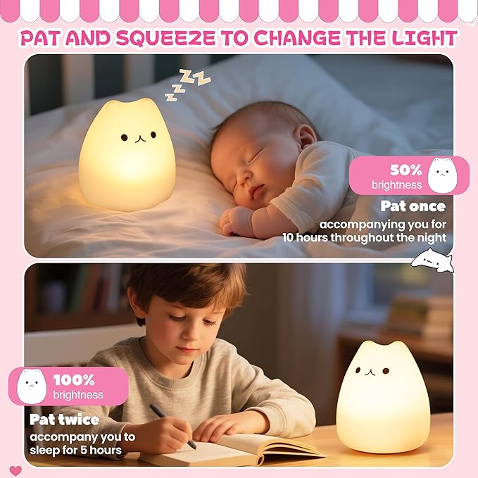 loatme Night Light for Kids, Rechargeable Dimmable Silicone LED Nightlight with 7 Colors, Baby Nursery Night Lamp, Touch Squishy Lamp, Cute Gifts for Girls, Boys, Toddler Room Decor, Cat