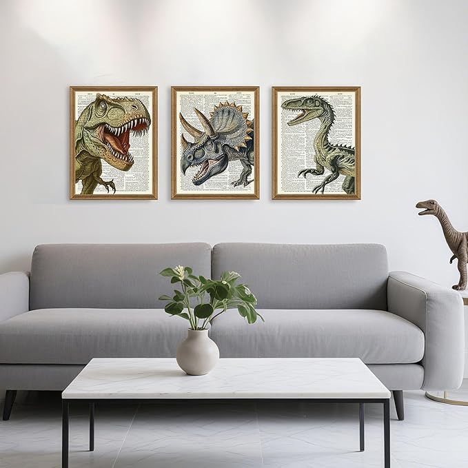 Ovczax 3 Pieces Dinosaur Canvas Wall Art - Tyrannosaurus Rex, Triceratops, Velociraptor Decor For Kids Room Game Room, Living Room, Bedroom 16" x 12"With Framed