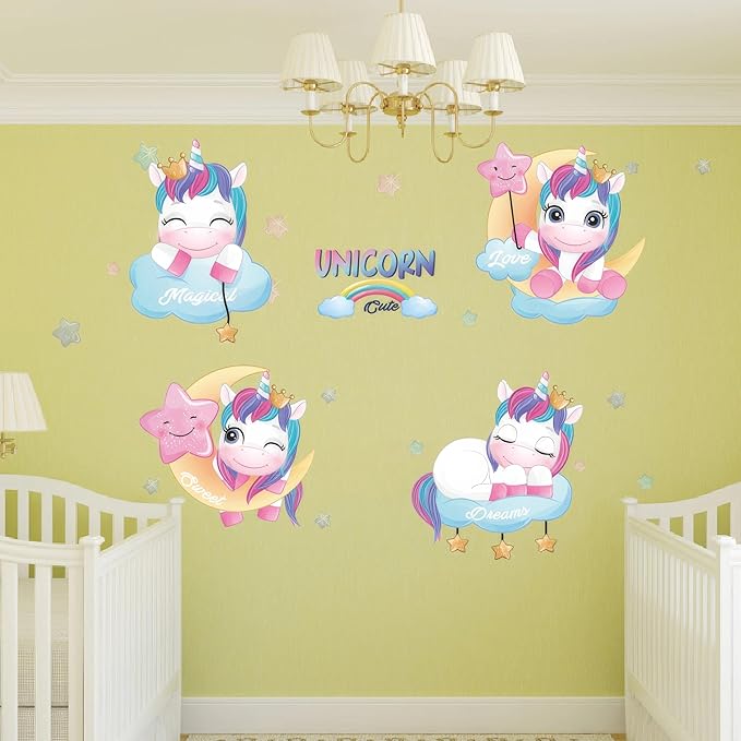 Ollaland Unicorns Wall Decals - Colourful Peel and Stick Cute Unicorn Wall Stickers, Decor for Baby Nursery, Toddler & Kids Bedroom Walls