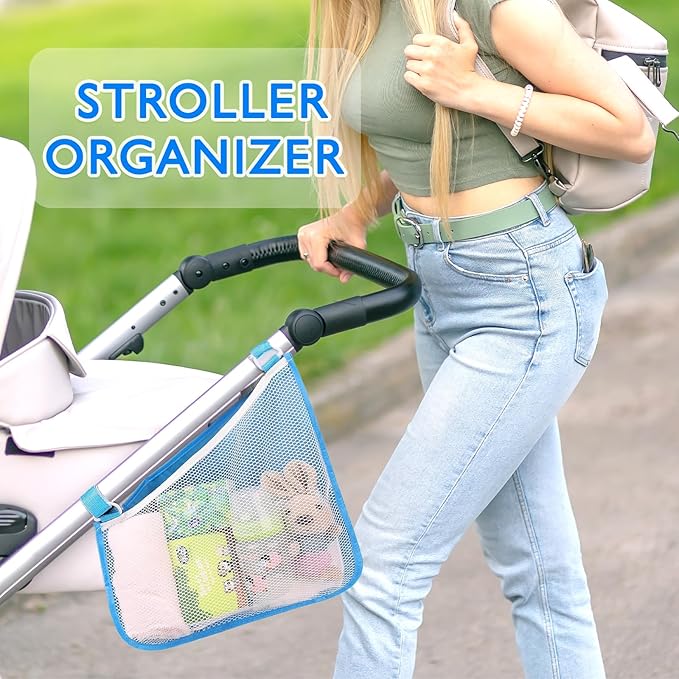 Elfzone Stroller Side Bag - Bike/Stroller Organizer, Hook & Loop Easy Attach - Mesh Design, Non-Slip Straps, mom Cozy Stroller Organizer, Stroller Accessories, Black (BLUE 2PCS)